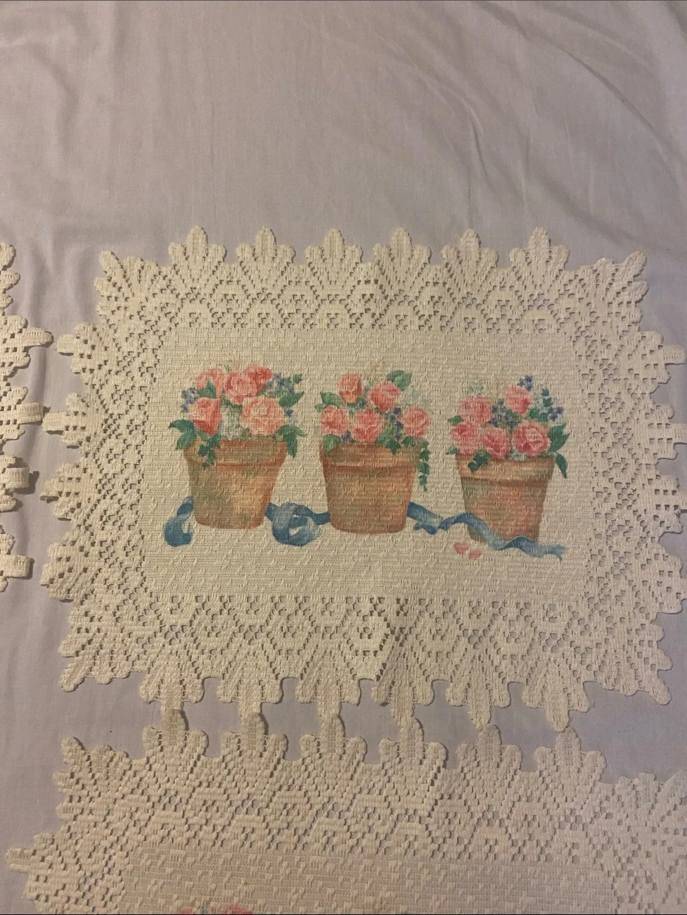 Set of 4 Floral Crochet Edge Placemats - Pink Rose Pots